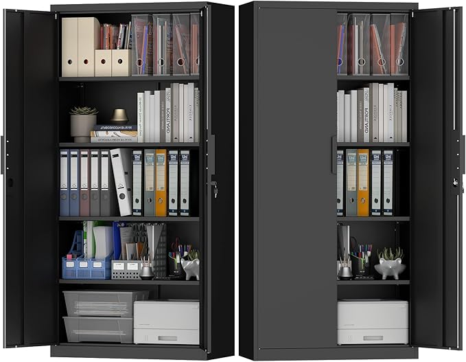 Metal Garage Storage Cabinets, 71" H Black Storage Cabinet for Basement, Heavy Duty Organizer with Adjustable Shelves, Locking Cabinet with 2 Keys, Tall Garage Organizer for Tools