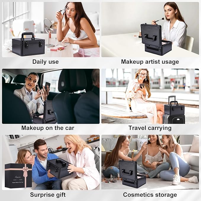 Makeup Box with Led Mirror,Travel Train Hard Case with Rechargeable Lighted Mirror Adjustable Dividers,Cosmetic Organizer Storage Bag for Makeup Artists,Appropriate Gift for Women and Girls,Black