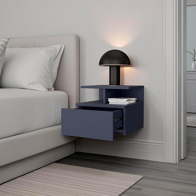 Floating Nightstand, 1 Drawer, Open Shelf, Wall Mounted Design, Blue