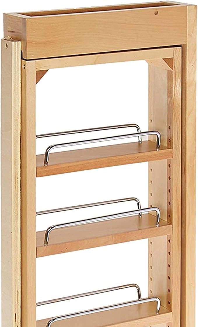 Rev-A-Shelf 3"W x 33"H Pull Out Quad Shelf Organizer for Wall & Base Kitchen Cabinets, Full Extension Filler Spice Rack, Adjustable, Wood, 432-WF33-3C