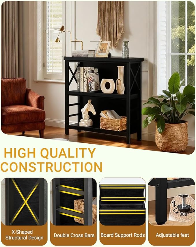 Small Bookshelf,3 Tier Industrial Bookcase with Metal Frame and Backboard,Low Black Book Shelf,Book case for Small Spaces,Living Room,Bedroom and Home Office