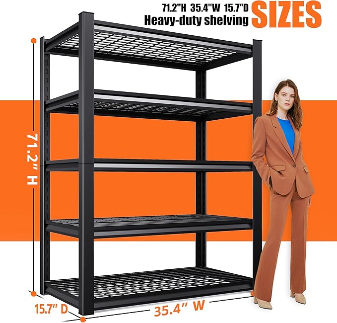 71" H Garage Shelving Heavy Duty 5-Tier Storage Shelves, Adjustable Metal Shelving Unit, Utility Garage Organizer Shelf for Basement, Pantry, Kitchen, Warehouse,15.7" Dx35.4 Wx71.2 H, Black