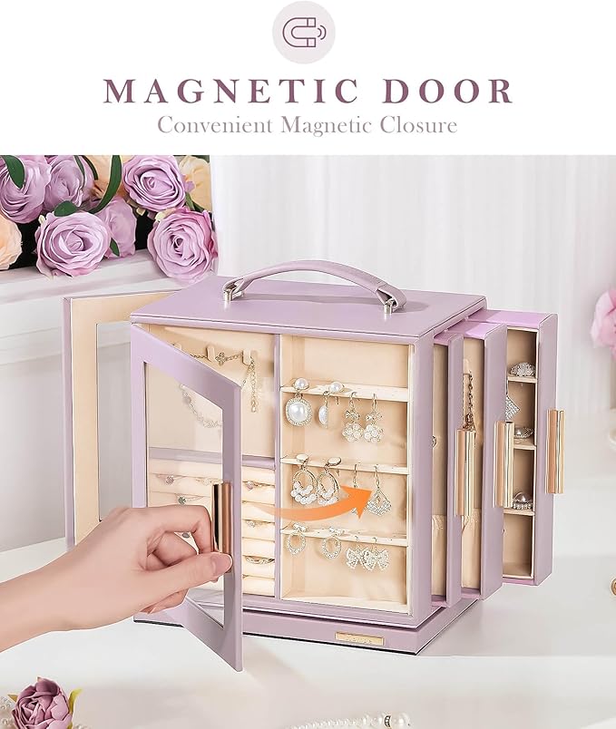 Homde Christmas Gifts Jewelry Box 360° Rotating, Necklace Earring Organizer with Transparent Window, Mirror, 7 Drawers, Large Ring Display Storage Case for Girls Women (Grey Purple)
