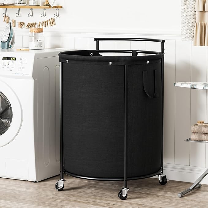 Chrislley 200L Laundry Basket with Wheels,2 section Rolling Laundry Hamper with Removable Bag,Round Laundry Cart with Steel Frame and Handle,Large Dirty Clothes Hamper for Laundry Room,Bedroom(Black)