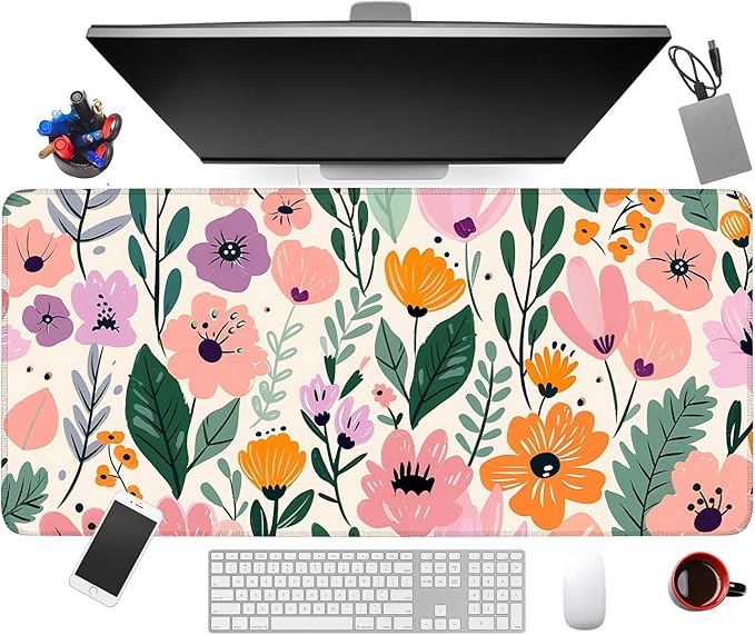 Large Mouse Pad, Floral Garden Desk Mat, Extended Gaming Mouse Pad with Non-Slip Rubber Base, Thick 3mm Smooth Surface Keyboard Mat for Office & Home,35.5 x 15.8 in