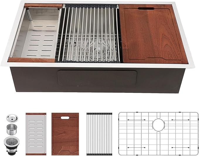 Lordear 30 Inch Undermount Kitchen Sink Workstation 16 Gauge Stainless Steel Under Counter Single Bowl Handmade Kitchen Sinks Basin 30x19x10 Inch