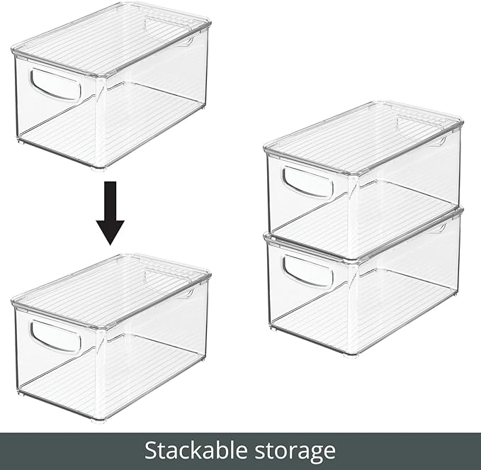 mDesign Plastic Deep Storage Bin Box Container with Lid and Built-In Handles - Organization for Fruit, Snacks, or Food in Kitchen Pantry, Cabinet, or Cupboard, Ligne Collection, 4 Pack, Clear