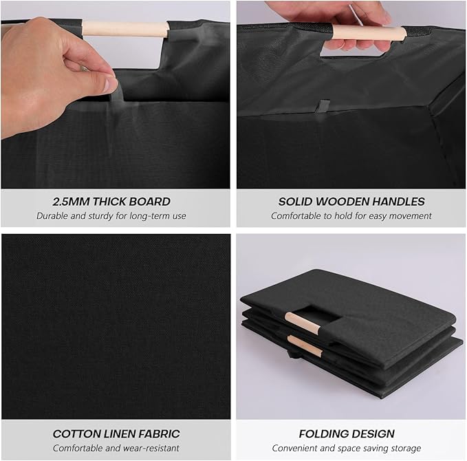 Fabric Storage Bin 3 Pack Foldable Cotton Linen Storage Basket with Wooden Handles Rectangular Cube Box – Black, Medium