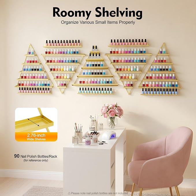 10PCS Gold Triangular Nail Polish Racks, 5 Tiers Wall-Mounted Nail Polish Racks Cosmetic Display Rack Essential Oil Organizers Lipstick Perfume Wall Shelf for Home Spa Nail Salon Shop