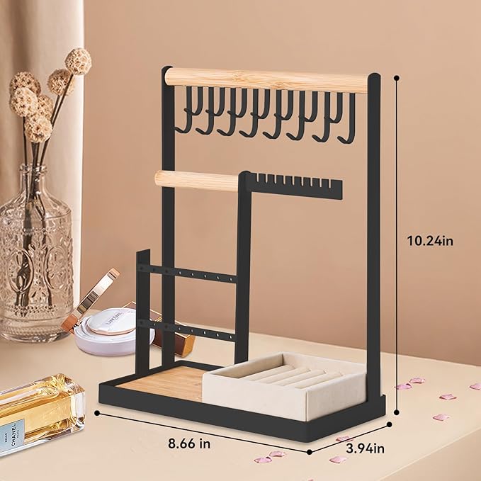 DreamGenius Jewelry Organizer Stand with Velvet Ring Holder, 4 Tier Jewelry Holder Organizer with 15 Hooks for Necklaces and 16 Holes for Earrings, Black