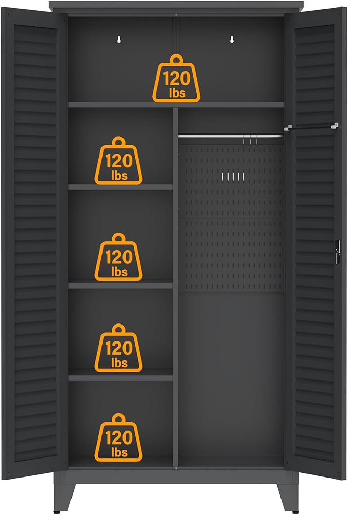 Tall Metal Tool Storage Cabinet with Shelves and Pegboard, 72.8” Steel Organizer Cabinet for Garage Workshop Warehouse Utility Room, Wall-Mountable Heavy Duty Storage Locker