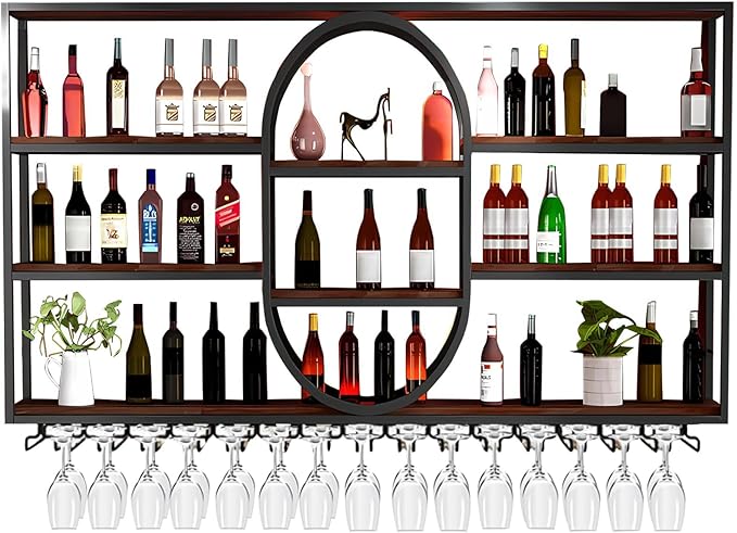 Large Wall Mount Wine Rack, Metal 4 Tier Large Capacity Hanging Bar Rack with Wine Glass Holder, Oval Wine Bottle Storage Display Rack for Kitchen, Living Room, Home (Black, 140cm/55.1in)
