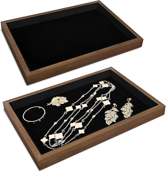 MOOCA 2 Pcs Wooden Jewelry Display Tray, Presentation Tray, Organizer for Rings, Necklaces, Earrings, and Accessories, Walnut Color with Black Suede, 14" W x 9.6" D x 1.2" H