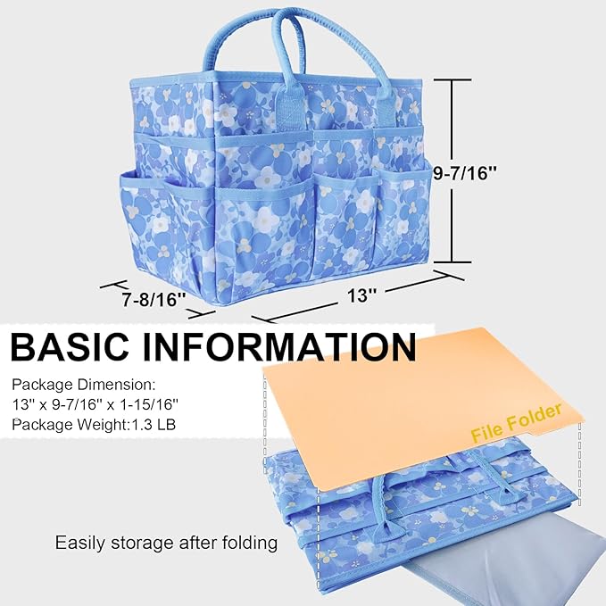 Cupohus Art Organizer Craft Storage Tote Bag with Pockets and Handles, Oxford Fabric Carrying Caddy for Teacher, Officer, Artist, Traveler, and more-Little Blue Flower