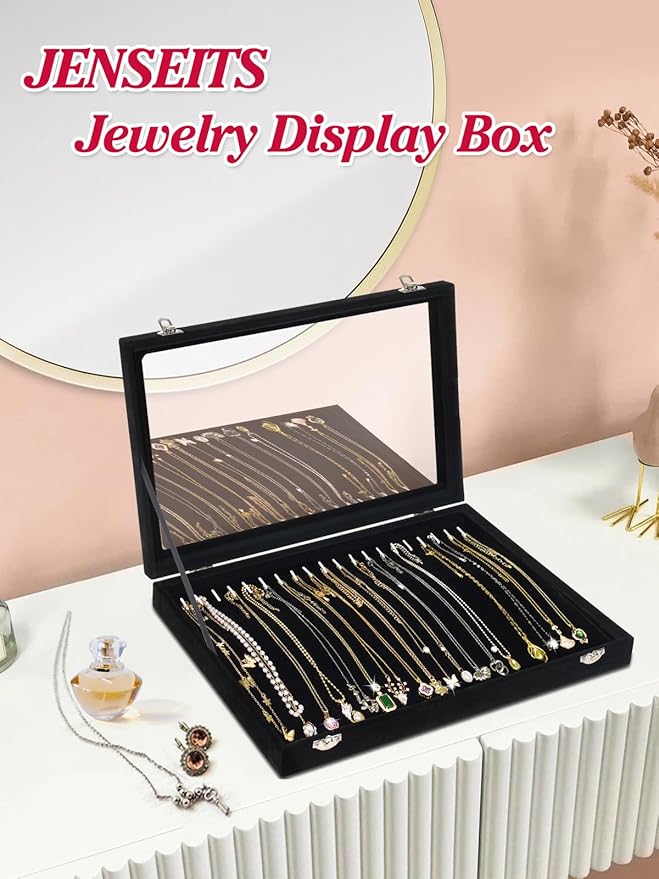Jenseits Necklace Organizer Box, Tray with Clear Lid, Velvet Dustproof Necklaces Holder Storage Display Case, 20 Hooks Glass Top Jewelry Tray Drawer Insert for Pendant Bracelet