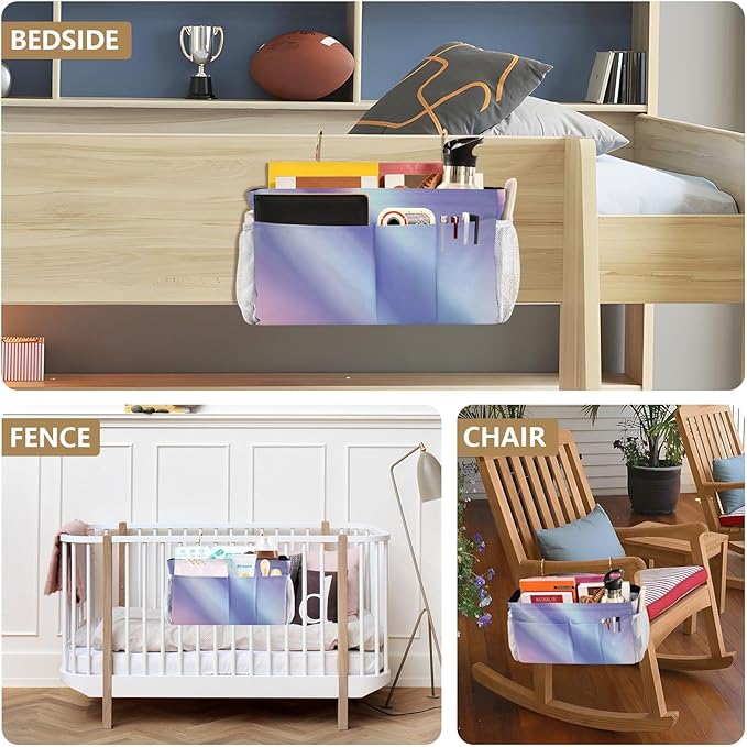 Purple Blue Gradient Bedside Caddy for Dorm Bed Bedside Hanging Caddy Bag Iron Frame Storage Organizer Pocket for Bunk Home College Hospital Beds 2 Hooks