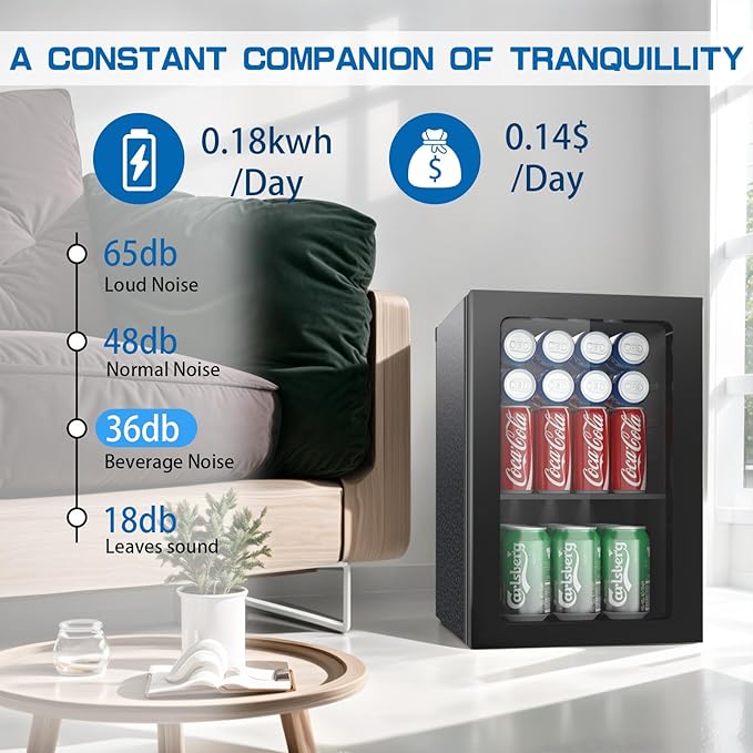 0.9 Cubic Feet Mini Fridge,24 Can Freestanding Beverage Refrigerator with Glass Front Door for Soda, Beer Under Counter Small Refrigerator with Adjustable Shelves(Black)