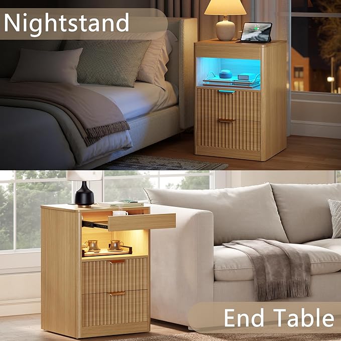 REAHOME Fluted Nightstand Set of 2 with Charging Station, Modern LED Night Stand with 2 Drawers and Pull Out Tray, Wood Bedside Table, End Side Table with Open Shelf for Bedroom,Natural