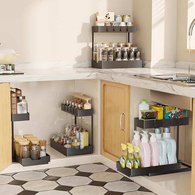 Simple Trending Under Sink Organizer 2 Pack, L-Shaped Sink Pull-Out Sliding Storage Cabinet, 2-Tier Under Shelf Organizer for Kitchen Bathroom with Hooks, Black