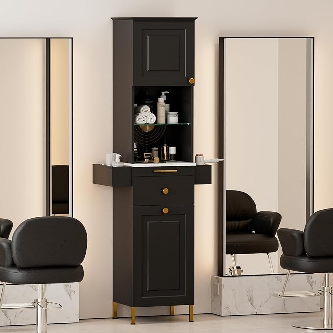 Salon Stations for Hair Stylist, Barber Station w/Glass Shelf & Golden Handles, Hair Salon Station Beauty Salon Spa Equipment w/6 Hair Dryer Holders, 2 Storage Cabinet & Drawers(Black)