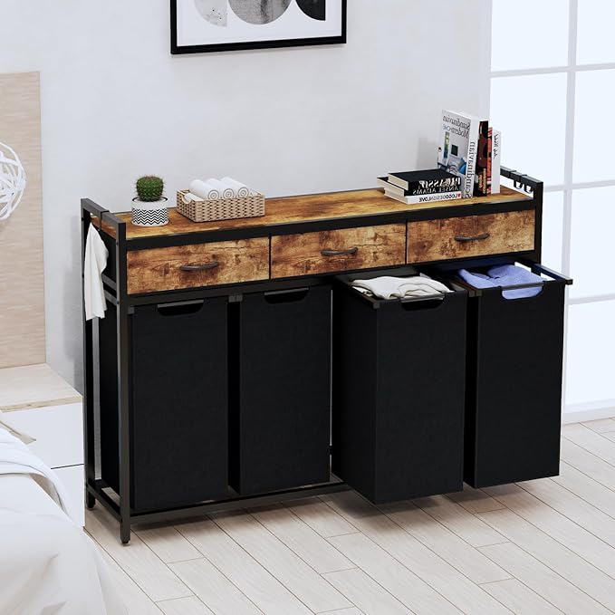 Laundry Hamper, Laundry Sorter 4 Sections, Rolling Laundry Basket with Wheels, 3 Drawers, 4 × 14.5 Gal (55 L), Pull-Out and Removable Oxford Fabric Bags, Black and Rustic Brown