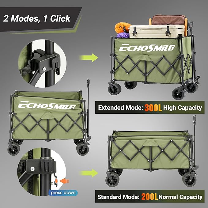 EchoSmile Collapsible Foldable Extended Wagon with 500lbs Weight Capacity, 300L Folding Utility Wagon Cart with Big All-Terrain Wheels for Beach,Sport,Gargen&Grocery,Green
