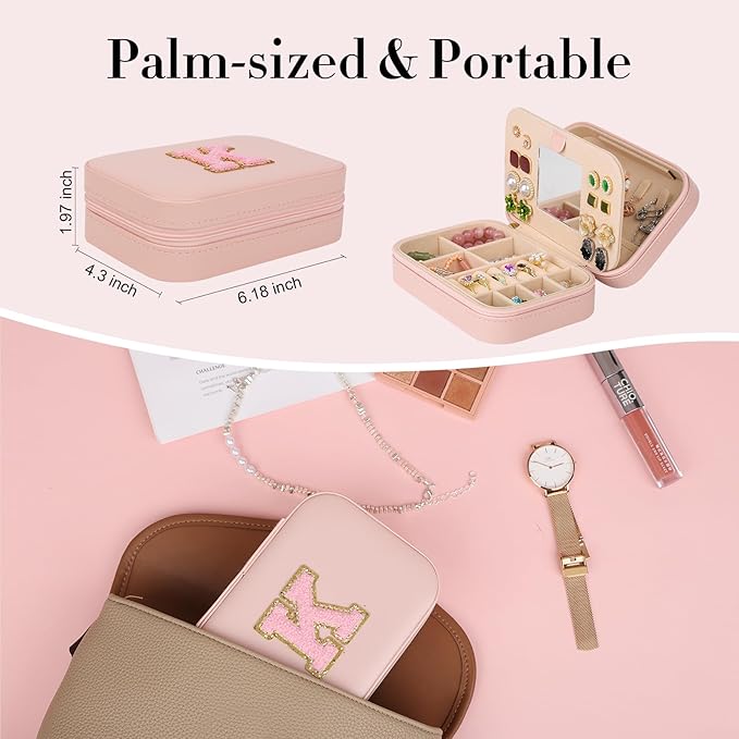 TopPerfekt Travel Jewelry Case, Jewelry Box with Mirror, Jewelry Organizer Bridal Shower Gifts to Her, Earring Storage Travel Case, Trendy Gift for Women and Girls, Girlfriend-Letter B, Pink
