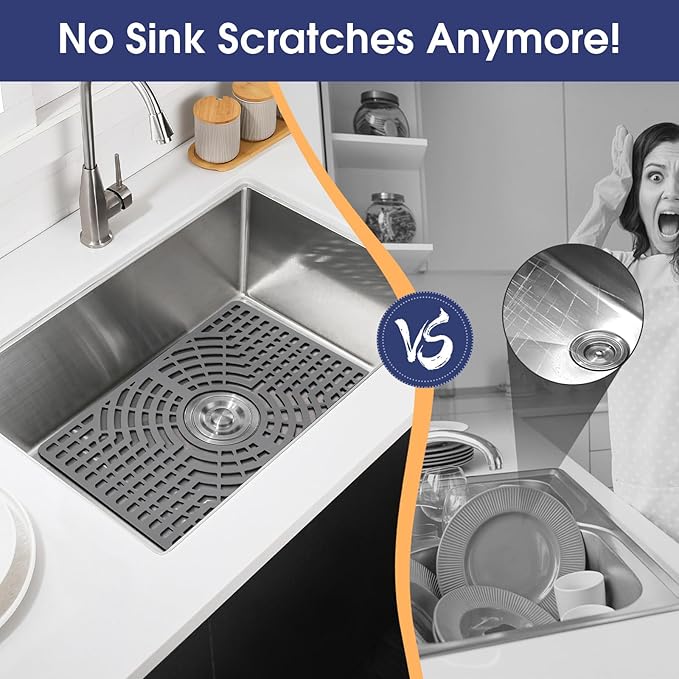 Silicone Sink Protector 19"x13" Center Drain Hole, Heat Resistant Non-slip Dishwasher Suitable, Sink Mat for Bottom of Farmhouse Kitchen Stainless Steel Sinks(Grey)