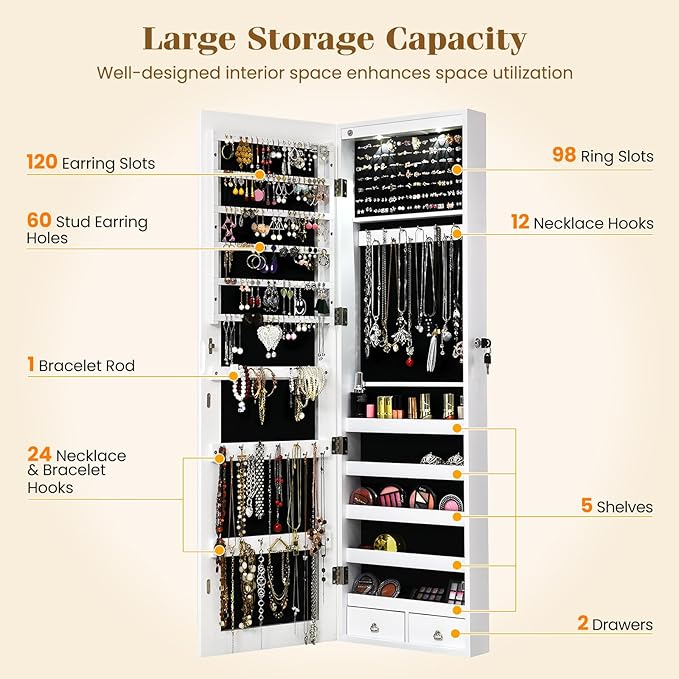 Giantex Wall Door Mounted Jewelry Armoire Cabinet with 47.5" Full Length Mirror, 2 LEDs Lockable Jewelry Organizers and Storage with 2 Drawers, Over the Door Jewelry Organizer Cabinet (White)
