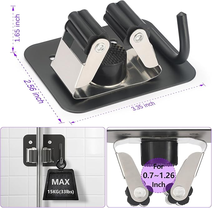 Broom Holder Wall Mount Screw Drilling, Sturdy Heavy Duty Stainless Steel Mop Gripper Rack Perforated, Perfect for Laundry Room Organizer, Fit with Laundry Kitchen Garage Garden Storage System