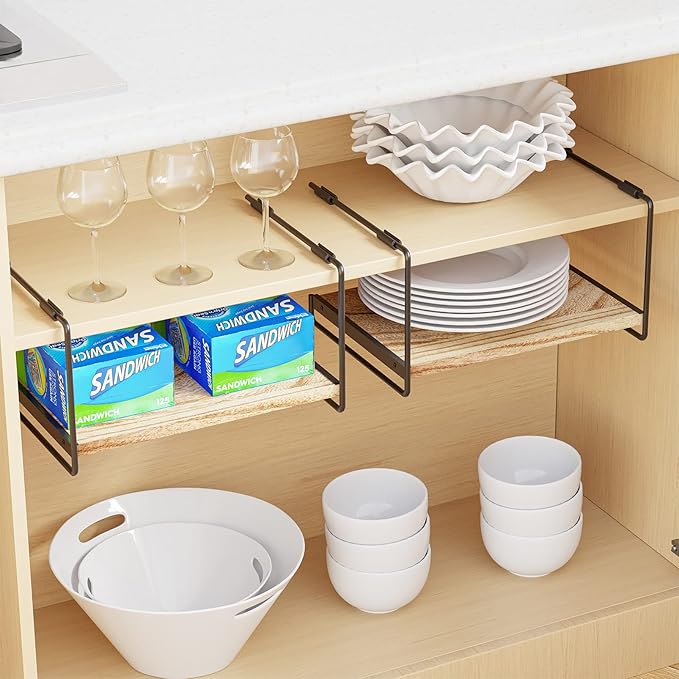 SpaceAid Cabinet Shelf Organizers 2 Pack, Kitchen Counter Organizer Rack Under Shelves Riser, Pantry Cupboard Storage Organization, Metal and Wood, Black and Natural, 13" Wide