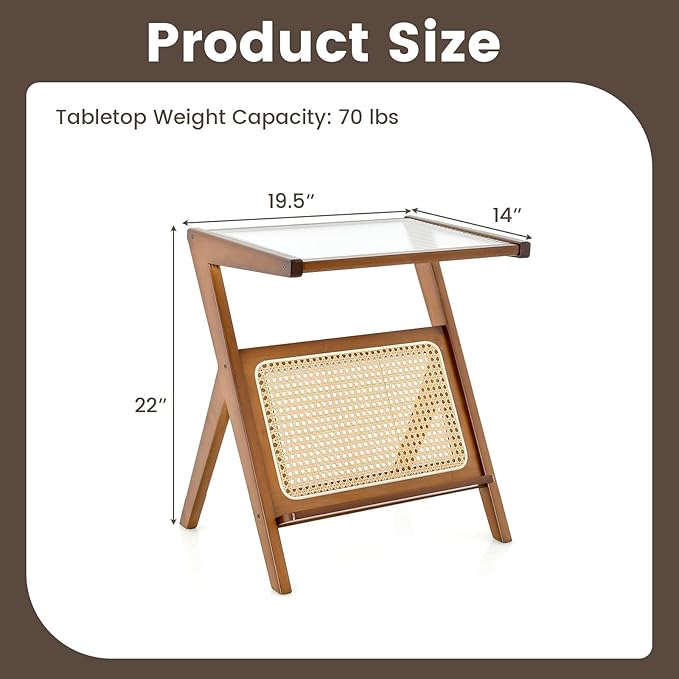 GOFLAME Rattan Side Table, Z-Shaped End Table with Tempered Glass Top, Magazine Rack, Boho Night Stand, Small Coffee Table, Bamboo Accent Bedside Table for Living Room, Bedroom, Walnut