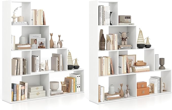 Tangkula 4-Tier Stepped Bookshelf, Freestanding 6 Cubes Ladder Bookcase with Anti-Tipping Kits, 64" Tall Modern Wooden Storage Display Rack for Home Office Living Room Study (2, White)