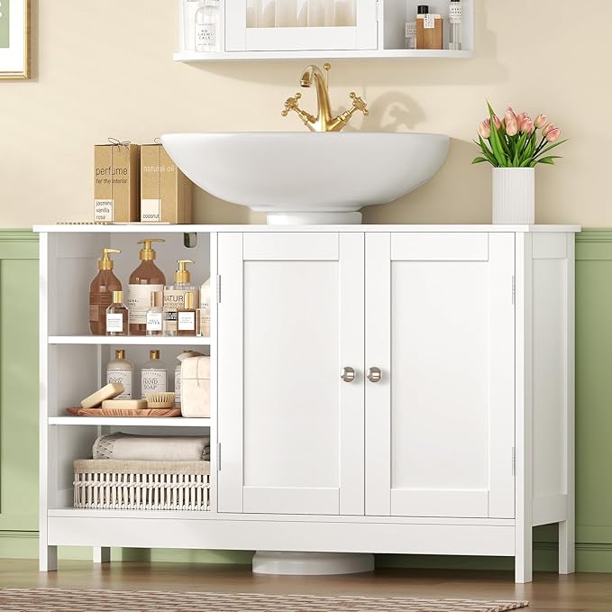 TEENFON 35.4" Pedestal Sink Storage Cabinet with 2 Doors and Adjustable Shelves, Bathroom Sink Cabinet, Under Sink Storage with U-Shape Cut-Out, White