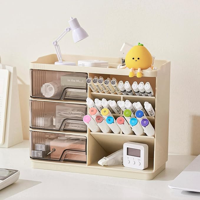 Makeup Organizer Countertop with 3 Drawers, Multi-Function Desktop Vanity Organizer for Skincare Makeup Brush Lipstick, Bathroom Counter Organizer, Cream White