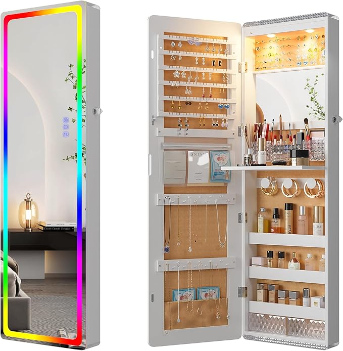 HNEBC LED Mirror Jewelry Cabinet with RGB Lights,47.2" Wall Mounted Jewelry Organizer with Full-Length Mirror,Over The Door Hanging Jewelry Armoire Storage Cabinet,Folding Dresser,2 Drawers,Lockable