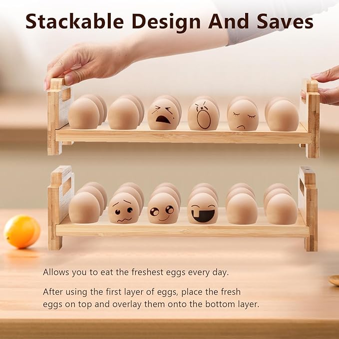 2-Tier Wooden Egg Holder - Egg Basket For Gathering Fresh Eggs, Layer Egg Tray Holder Countertop For 18 Eggs,Tier Egg Organizer For Farmhouse Kitchen Refrigerator Fits Duck, Turkey, Chicken Eggs