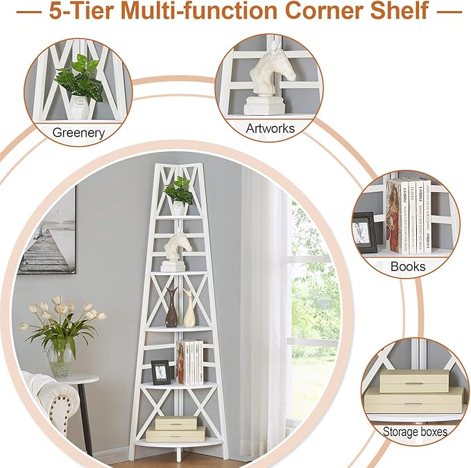 HOMBAZAAR 5 Tier Corner Shelf, 72 Inch Industrial Corner Bookshelf, Tall Ladder Bookcase with Metal Frame, Rustic Shelf Stand for Living Room, Bedroom, Office, White