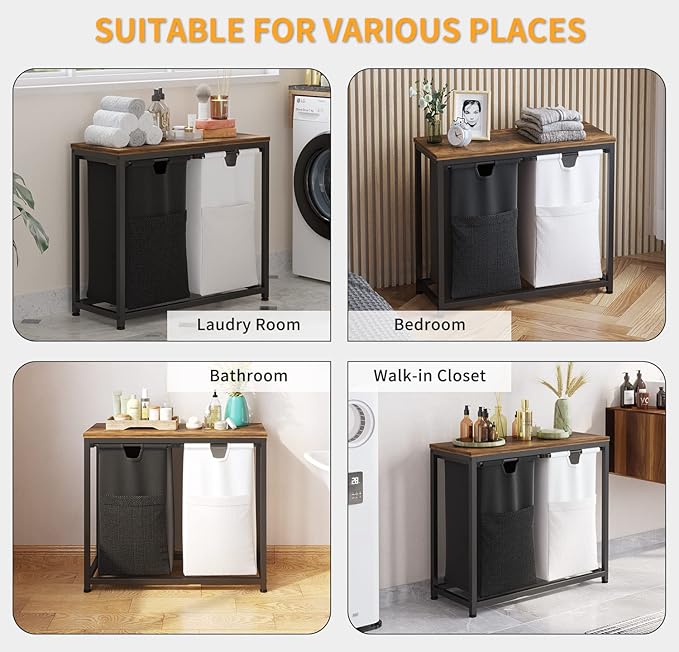 Laundry Basket Double Laundry Hamper with Removable Bags, Fabric Handles, Large Top Shelf and Laundry Bag for Bathroom, Dorm, Laundry Room