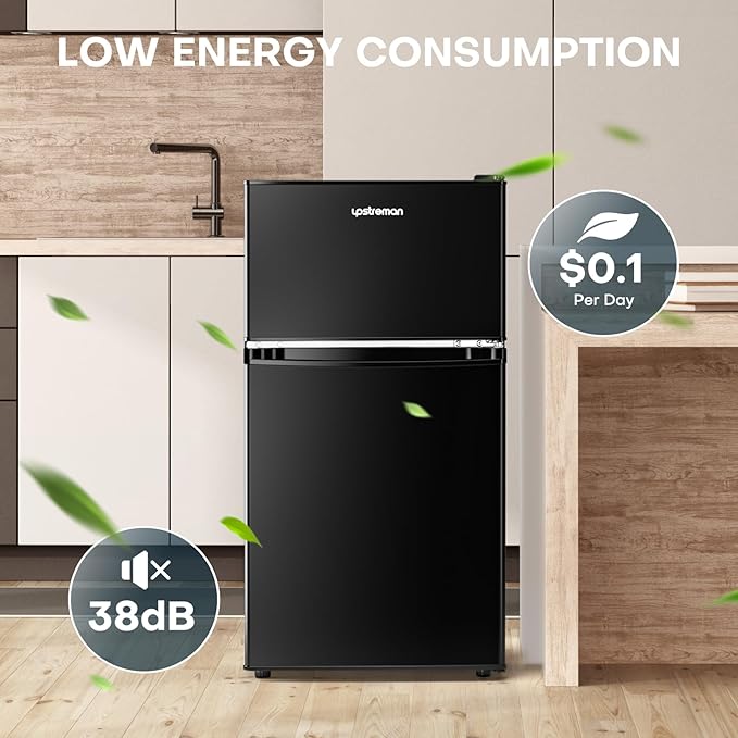 Upstreman 3.2 Cu.Ft Mini Fridge with Freezer, Double Door Mini Fridge, Adjustable Thermostat, Mini Refrigerator for Dorm, Office, Bedroom, Black-BD321