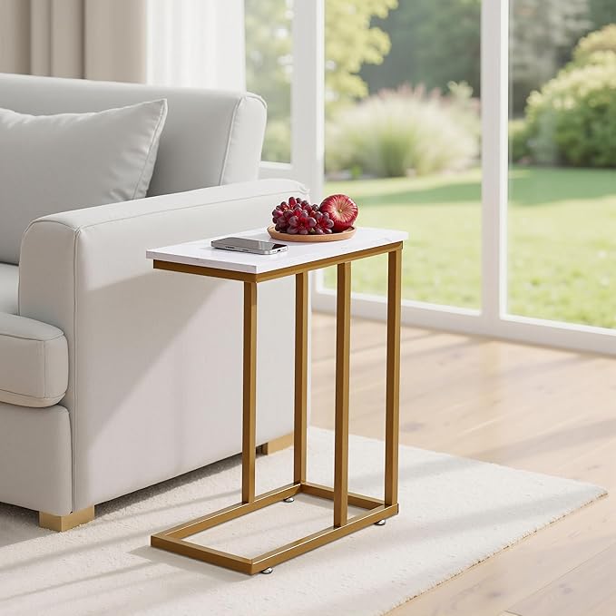 VECELO C Shaped End Side Table for Sofa Couch and Bed Snack TV Tray for Living Room Bedroom, 1 PCS, Gold