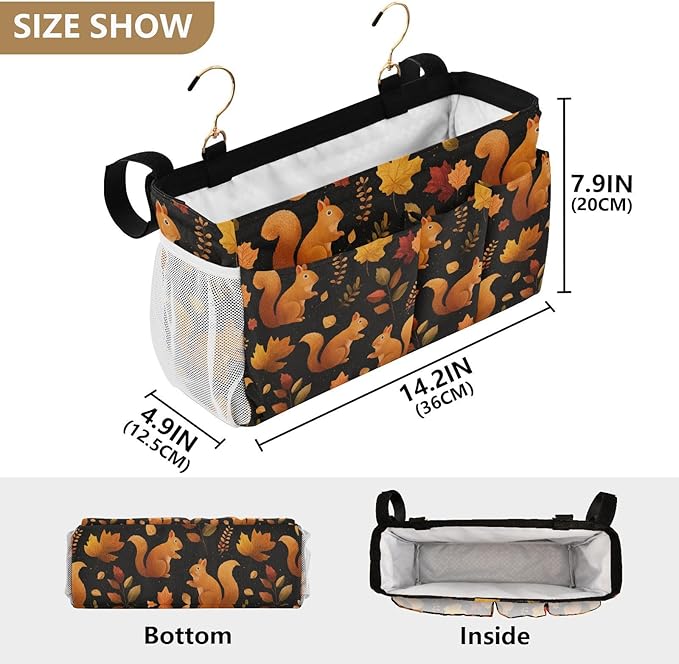 Black Orange Squirrel Leaves Falling Bedside Caddy for Dorm Bed Bedside Hanging Caddy Bag Iron Frame Storage Organizer Pocket for Bunk Home College Hospital Beds 2 Hooks