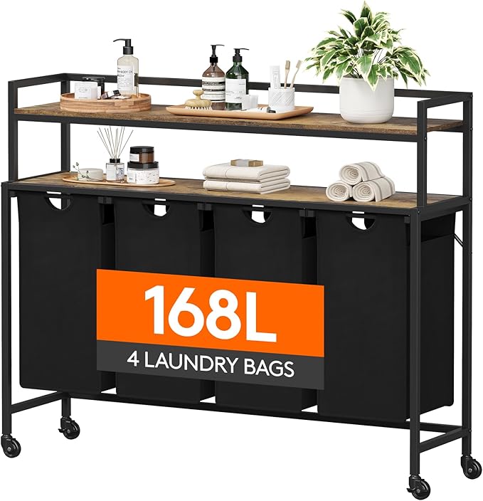 Lifewit Laundry Hamper 4 Section, 168L Pull out Laundry Clothes Basket Organizer with Large Top Shelf and 4 Removable Bags and Handles for Laundry Room Bedroom Bathroom, Black with Shelves and Wheels