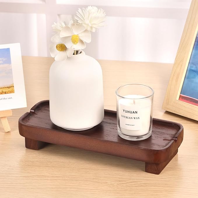 Wood Riser Small Decorative Tray Sink Soap Dish, Vanity Tray Pedestal Stand 8.7 x 3.6 inches (Dark Brown)