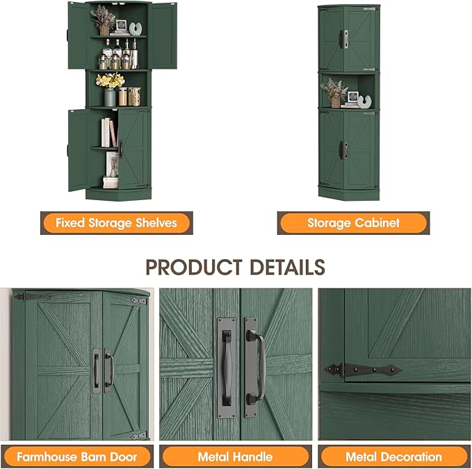 Vabches 64.8" Tall Farmhouse Corner Cabinet with 4 Doors and 5 Storage Shelves, Farmhouse Storage Cabinet with Barn Door Design, Home Space Saver for Living Room, Kitchen, Laundry Room,Green