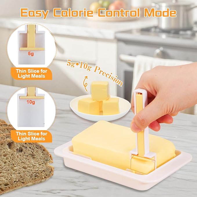 White Airtight Butter Dish with Lid for Countertop, Stylish Container with Cutter Knife, Large Capacity Stick Holder for East/West Coast Butter, Keeper&Tray Fit Refrigerator or Camping Use