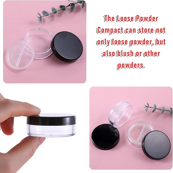 2PCS Travel Powder Container, 10ml/0.34oz Loose Powder Containers with Rotatable Sifter and Black Screw Lid Compact No Leak DIY Empty Makeup
