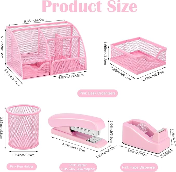 Pink Desk Organizers and Accessories, Pink Office Supplies Include Mesh Desk Organizer, Tape Dispenser, Stapler, 1000 Staples, Staple Remover, Pen Holder, Clips Set, Ruler, Scissors
