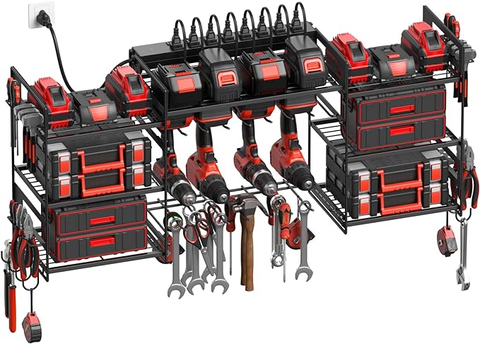 CCCEI Black Power Tool Organizer Wall Mount, Large Tools and Battery Storage Rack Charging Station Individual Switches. Drills Holder, Garage Utility Shelves with 6FT Power Strip. Gift for Men.