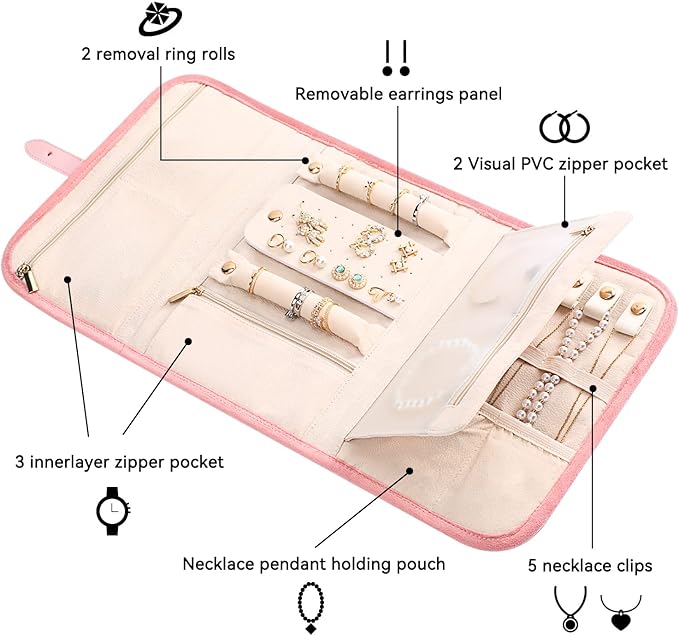 Voova Travel Jewelry Holder Organizer Case, Large Jewelry Storage Bag for Women Girls, Foldable Traveling Jewellery Pouch Roll for Necklaces Rings Earrings Bracelets, Pink